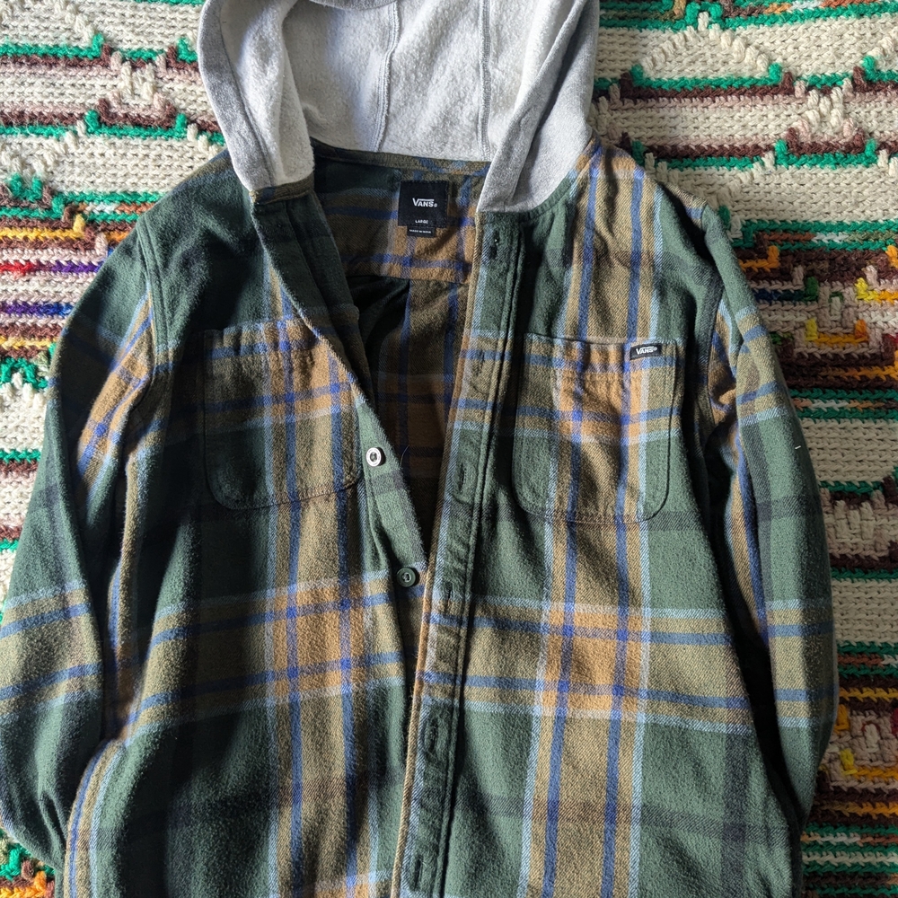 Vans Green and Brown Plaid Button Down Shirt with Hood